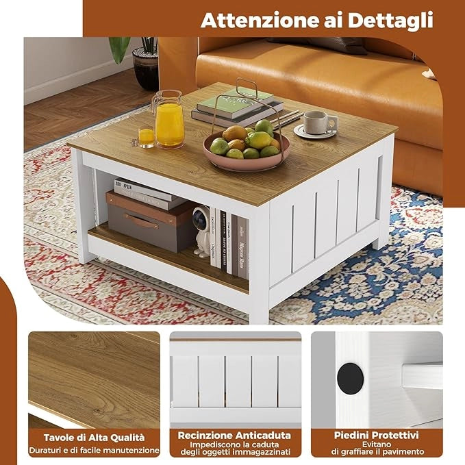 Tavolino da Salotto, Tavolino da Caffè in Legno con 2 Ripiani Aperti, Tavolo Moderno e Rettangolare per Soggiorno, Camera da Letto e Studio, Portata 160 kg, 80 x 80 x 45 cm