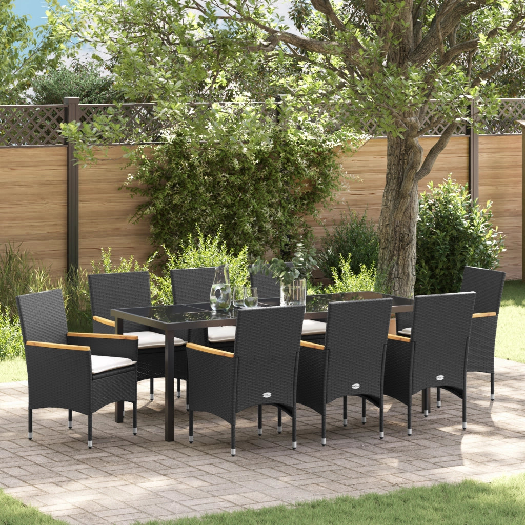 Set di Mobili da Giardino in 9 Pezzi con Cuscini in Polyrattan Nero