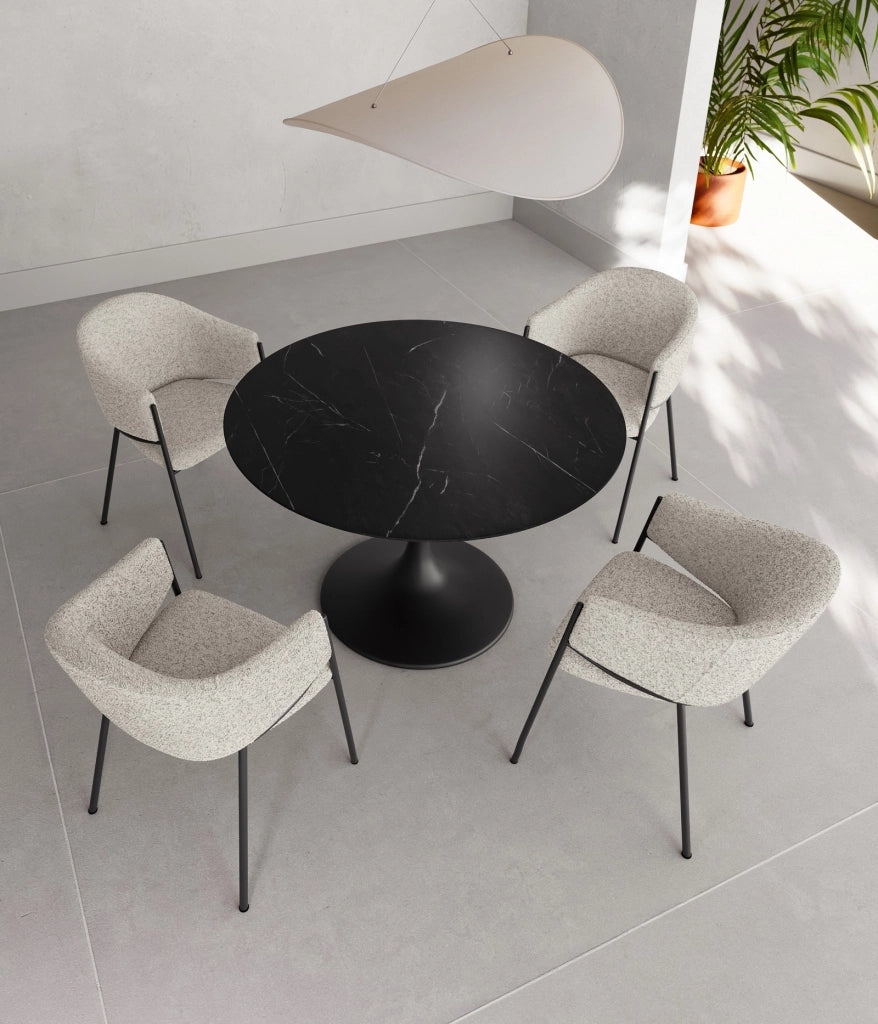 Tavolo Fisso Side Moderno 100x100 cm con Top in Ceramica Effetto Marmo Nero e Base in Metallo Verniciato Nero - Side Collection