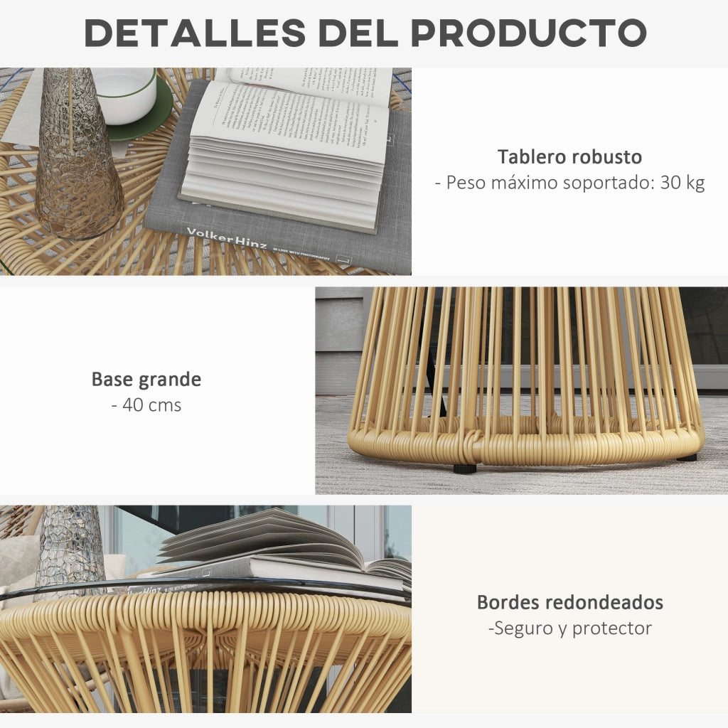 Tavolino da caff¨¨ rotondo in rattan sintetico ¨C Xylo ¨C Piano in vetro beige ?40x42 cm