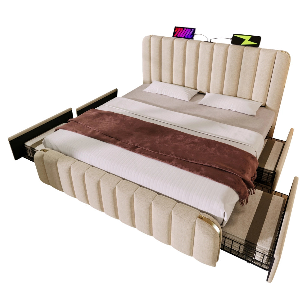 Letto imbottito beige 160x200 cm con 4 cassetti, USB-C e materasso H3 a 7 zone
