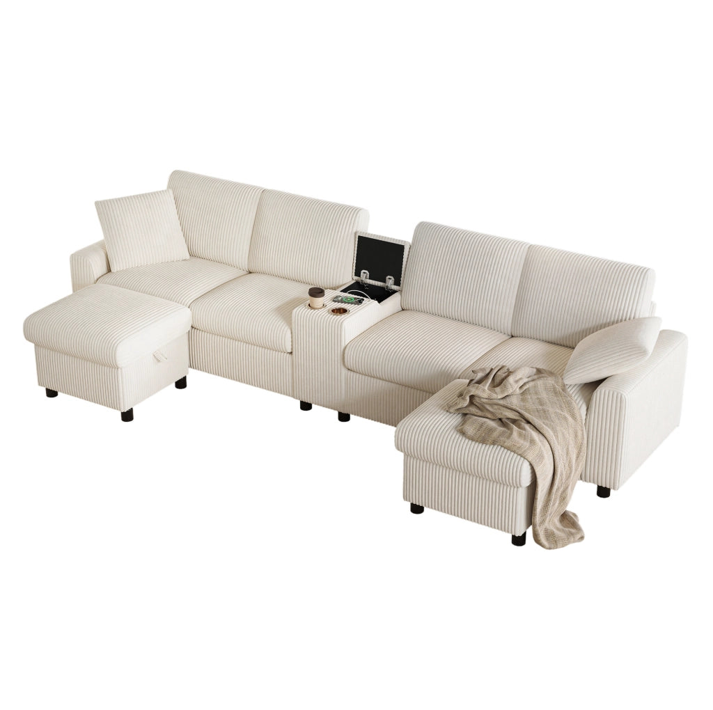 Divano a U ULEVR 315x135 cm in velluto a coste beige con 2 pouf contenitore, tavolino, prese USB e Type-C