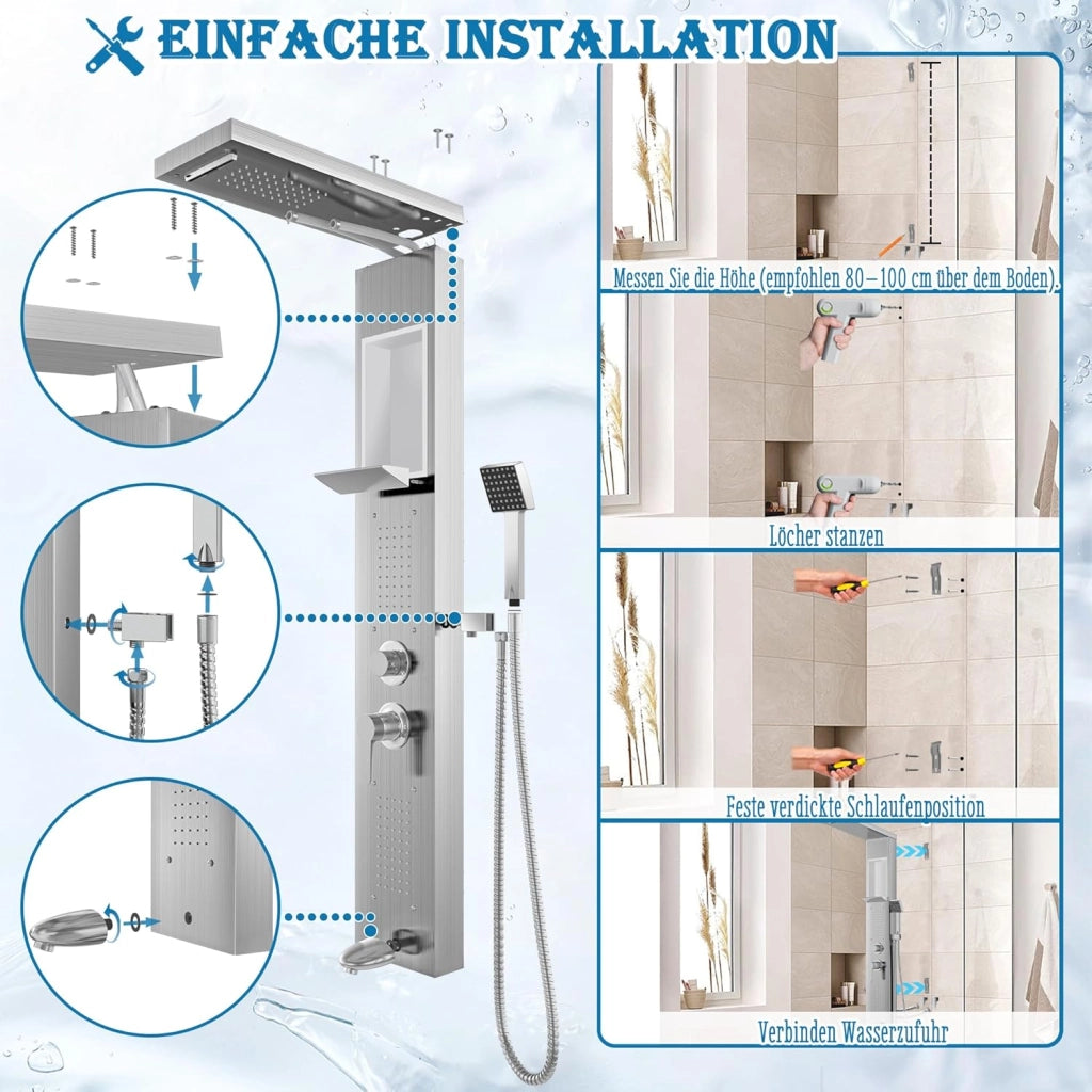 Pannello doccia con colonna doccia in acciaio inox, 5 funzioni, doccia a pioggia a cascata, getti massaggianti, doccetta per vasca e doccia, set completo, colore: argento