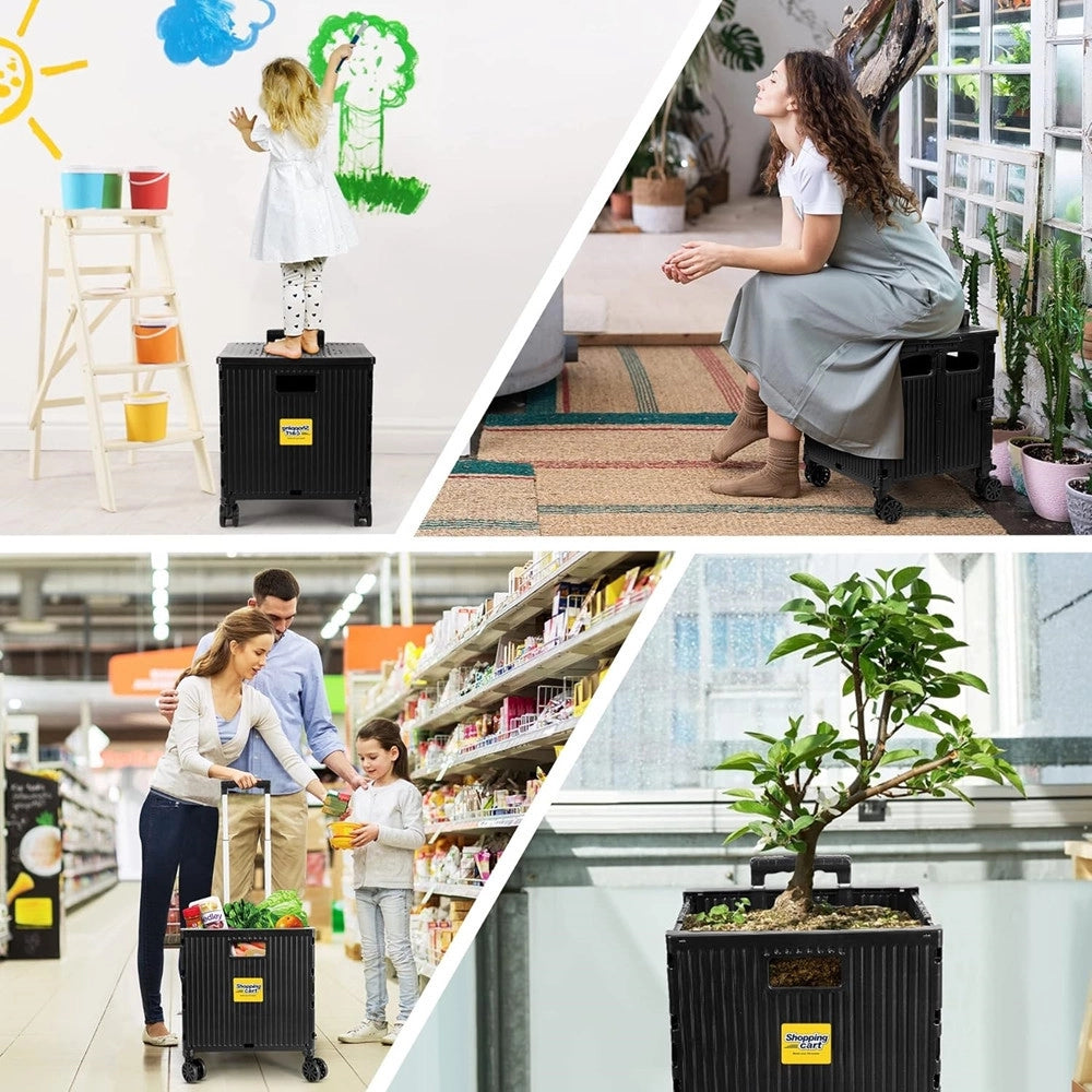 Trade Shop - Carrello Per La Spesa Multiuso Nero Pieghevole ‎grande Capacità Ruote Girevoli Con Freno -