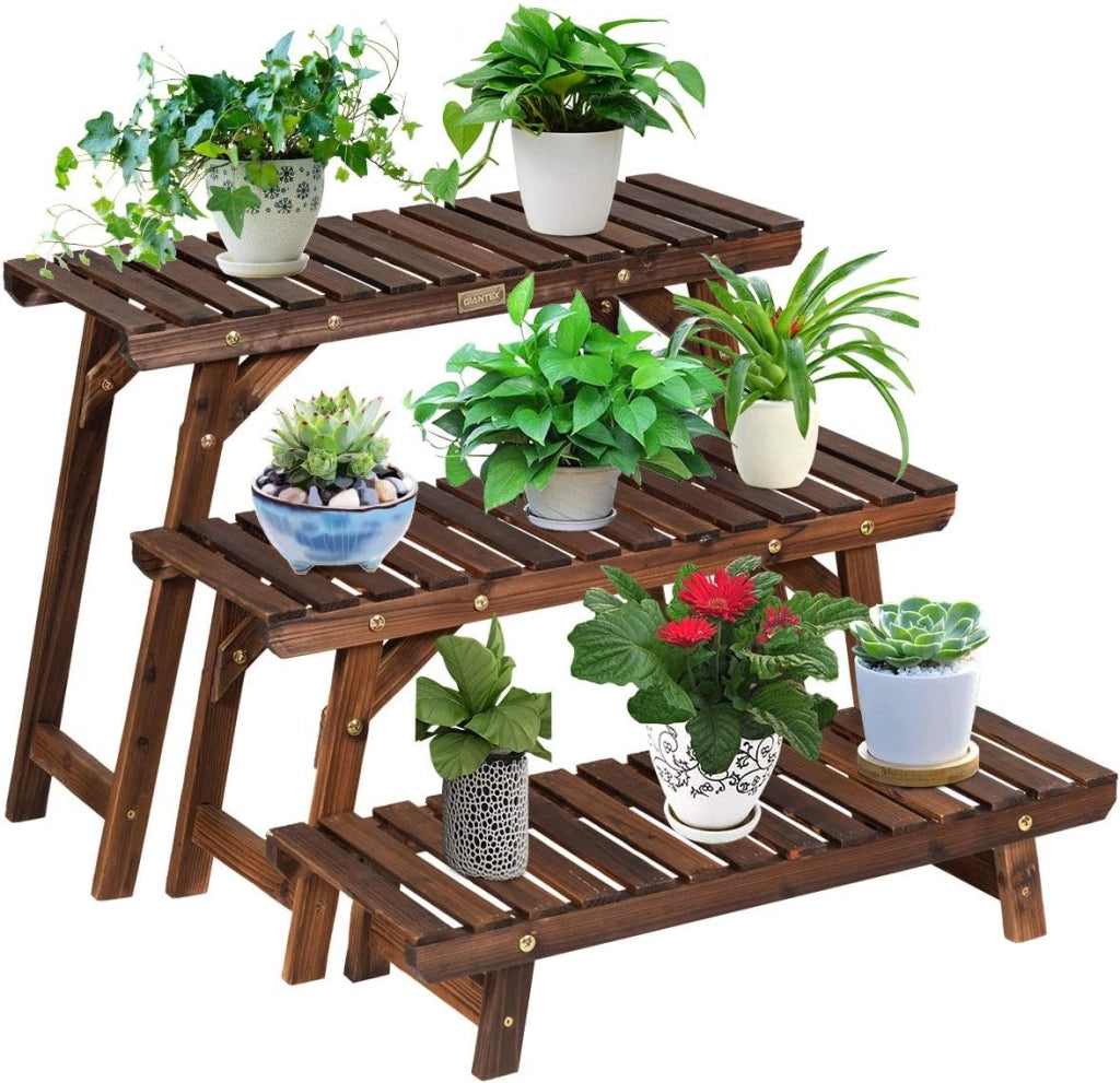 GIANTEX Scaffale per Piante, Espositore a Scala per Fiori a 3 Ripiani in Legno, Design Staccabile Durevole per Giardino/Balcone/Cortile (70x25x53cm)