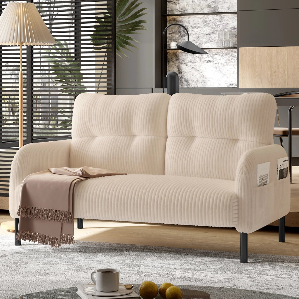 Divano Lineare 2 Posti con Tasca Laterale Schienale Alto Ergonomico Piedini in Metallo in Velluto a Coste Beige