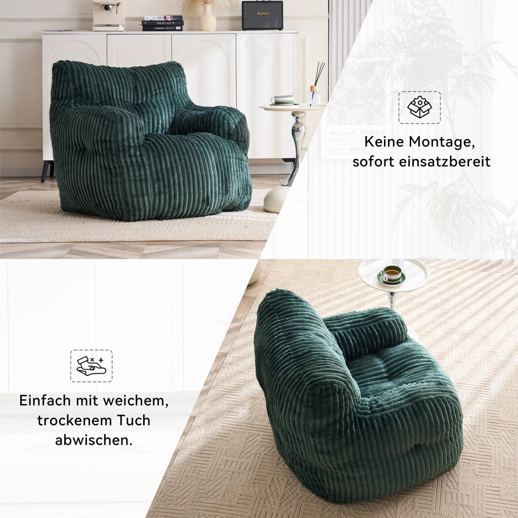 Fauteuil pouf in velluto a coste con imbottitura in fiocchi di memory foam per interni, verde 100 × 94 × 70 cm