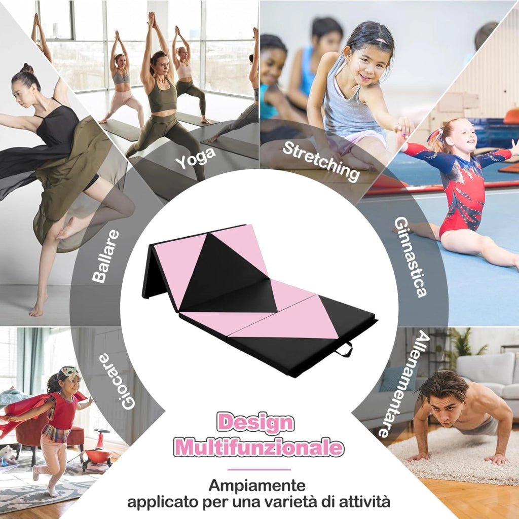 Tappetino Ginnastica Pieghevole 240 CM, Tappetino Fitness con Maniglie e Chiusure a Strappo per Stretching, Yoga, Arti Marziali da Casa e Palestra
