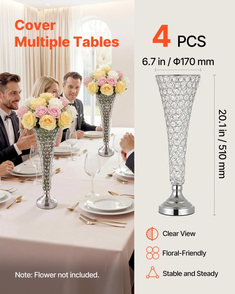 Vasi Decorativi Centrotavola in Metallo e Cristallo, Altezza 51 cm, Set da 4 Pezzi Portafiori Argento per Feste e Banchetti