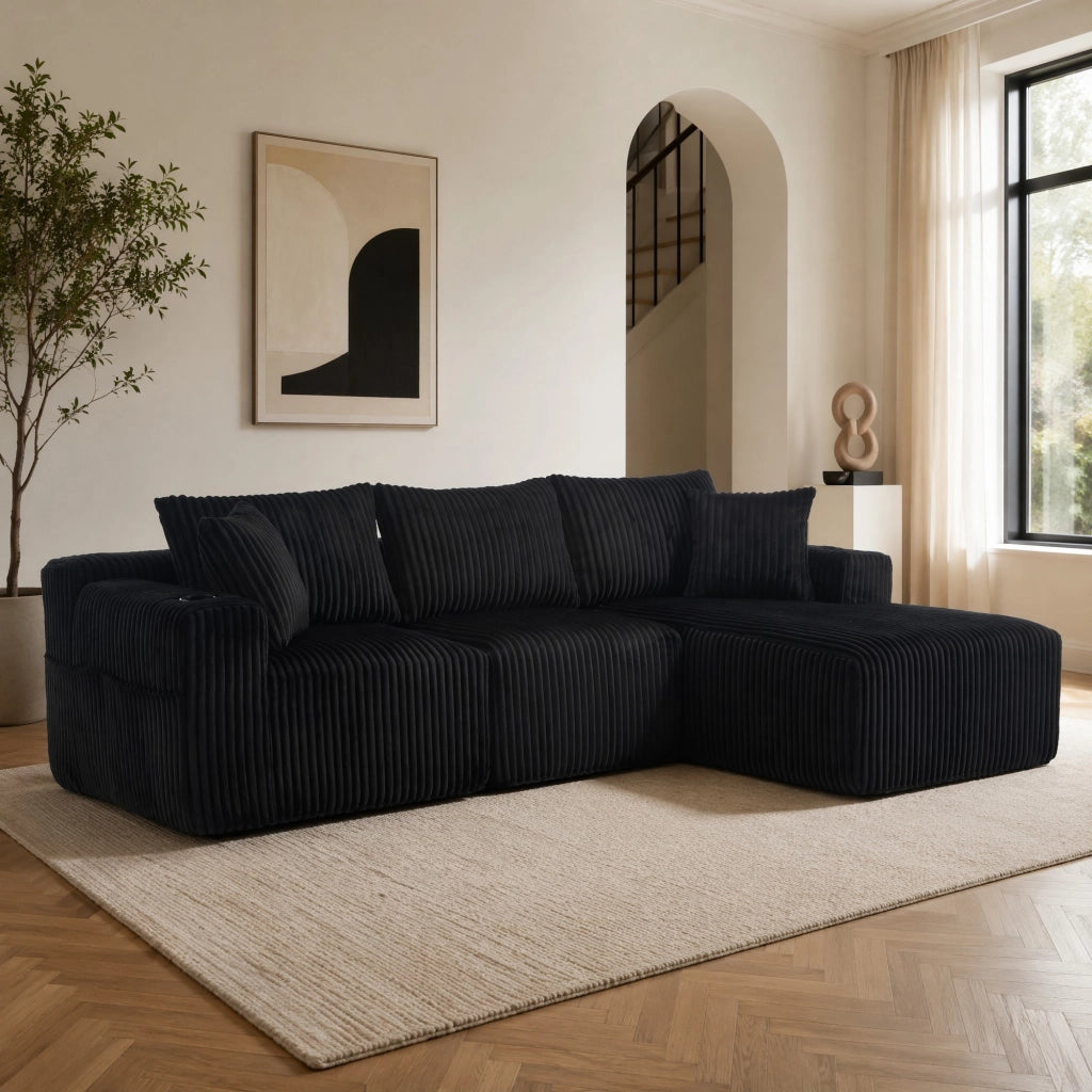Divano modulare con chaise longue e 2 posti in velluto a coste nero; 5 cuscini e portabevande