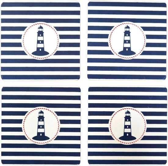 Set di 4 sottopiani in legno marittimo, 9x9cm, sottopiano in vetro con placemat, blu e bianco (torre di guardia)