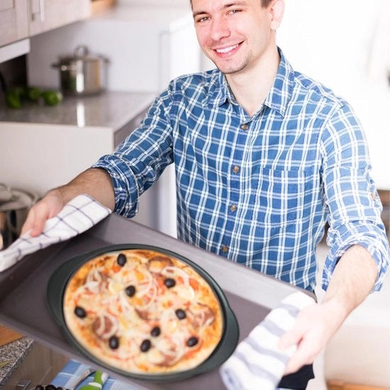 Piastrello per pizza da 30 cm con manico, rotondo, forato, acciaio inossidabile, adatto per forno - rivestimento antiaderente, grigio