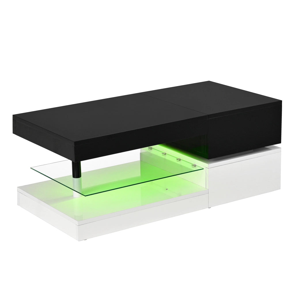 Tavolino da Salotto con LED e Controllo APP Bluetooth; Ripiano in Vetro; Finitura Lucida; Nero Bianco; 90×45×35;5 cm