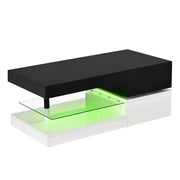 Tavolino da Salotto con LED e Controllo APP Bluetooth; Ripiano in Vetro; Finitura Lucida; Nero Bianco; 90×45×35;5 cm