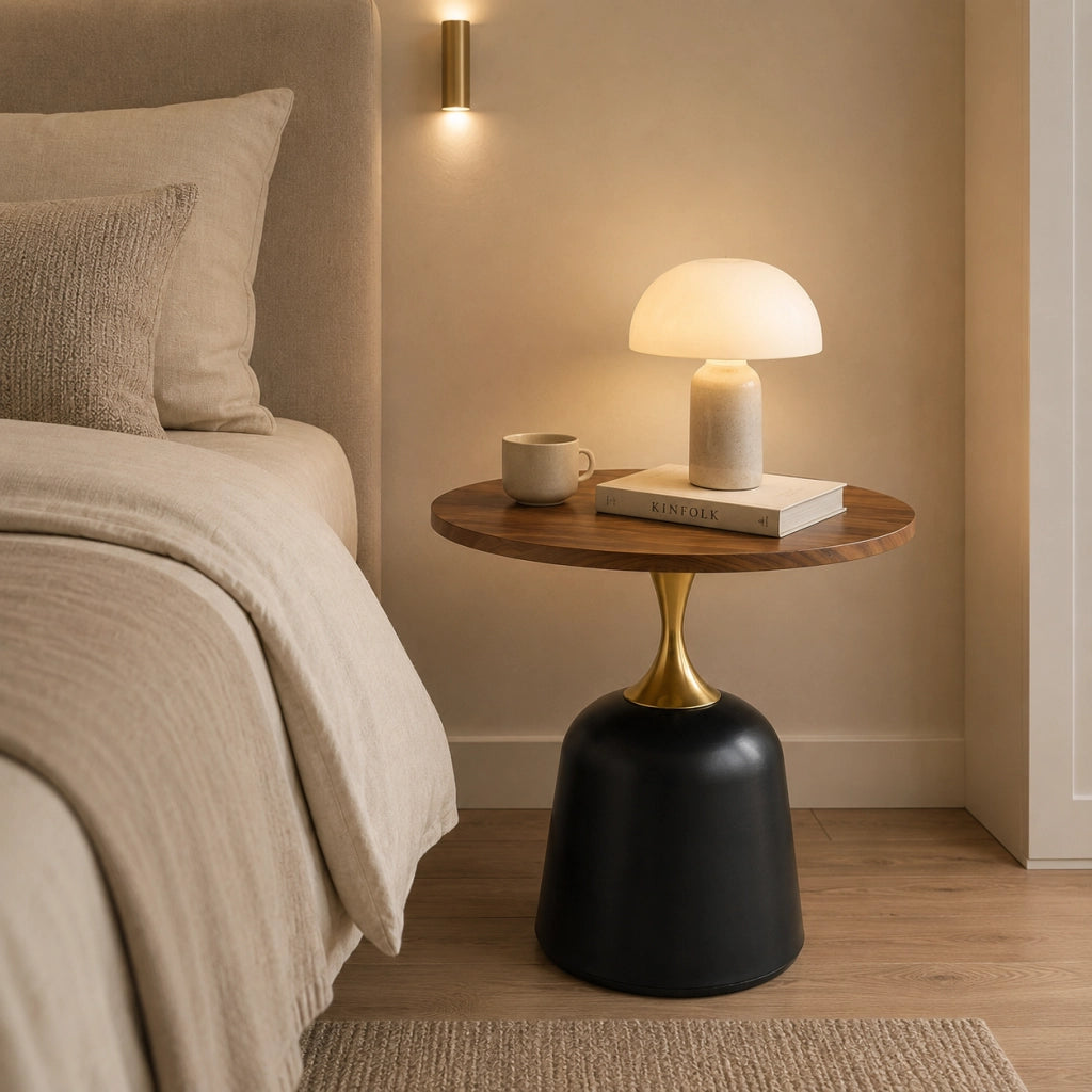 Tavolino rotondo con piano in melamina e base stabile; stile nordico; noce e nero; 70 × 69 × 40 cm