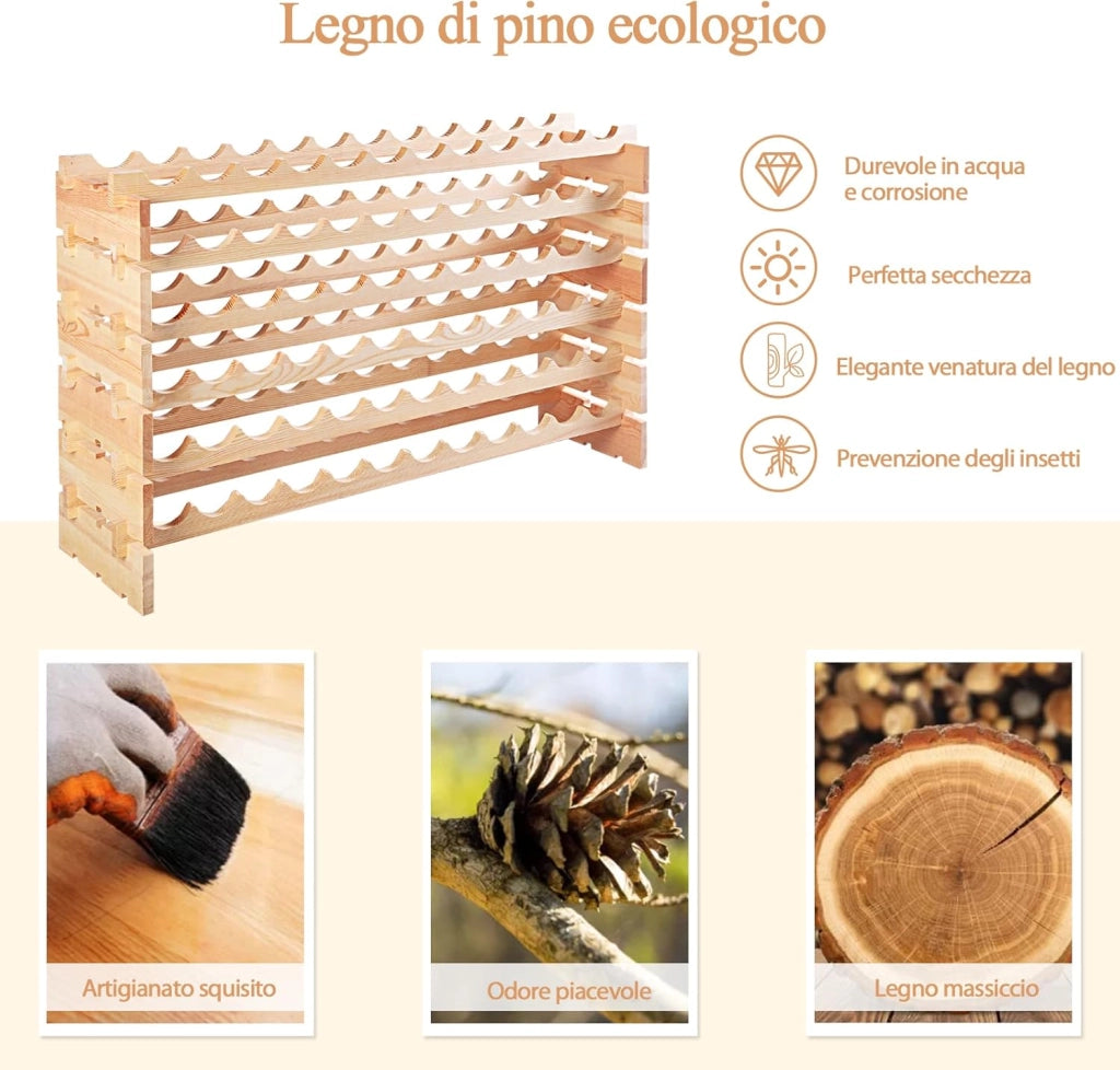 Cantinetta Portabottiglie Vino in Legno di Pino, Portabottiglie per Vino con 6 Ripiani, per 72 Bottiglie di Vino, per Cucina, Bar e Cantina (72 Bottiglie)
