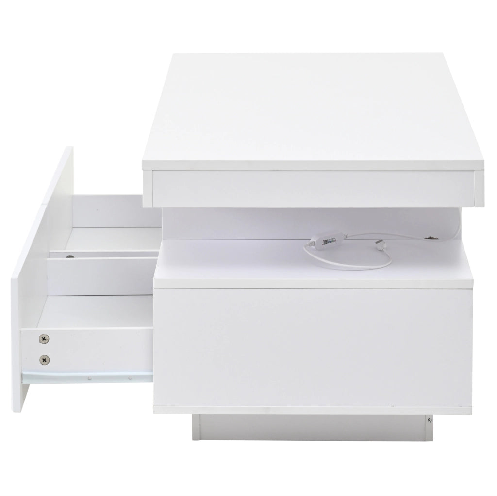 Tavolino da salotto 100 x 50 x 45 cm con 2 cassetti; LED controllato da app; bianco