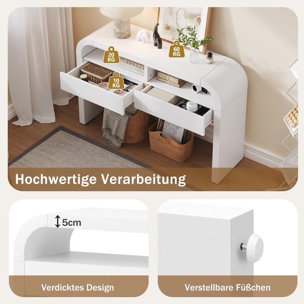 Consolle con 2 cassetti e vani aperti, piedini regolabili, per ingresso e soggiorno, in MDF bianco 120 × 35,5 × 76,5 cm
