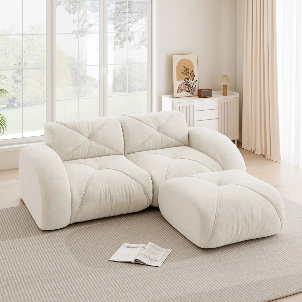 Divano modulare 2 posti in chenille beige chiaro con schiuma ad alta densità 32D e pouf