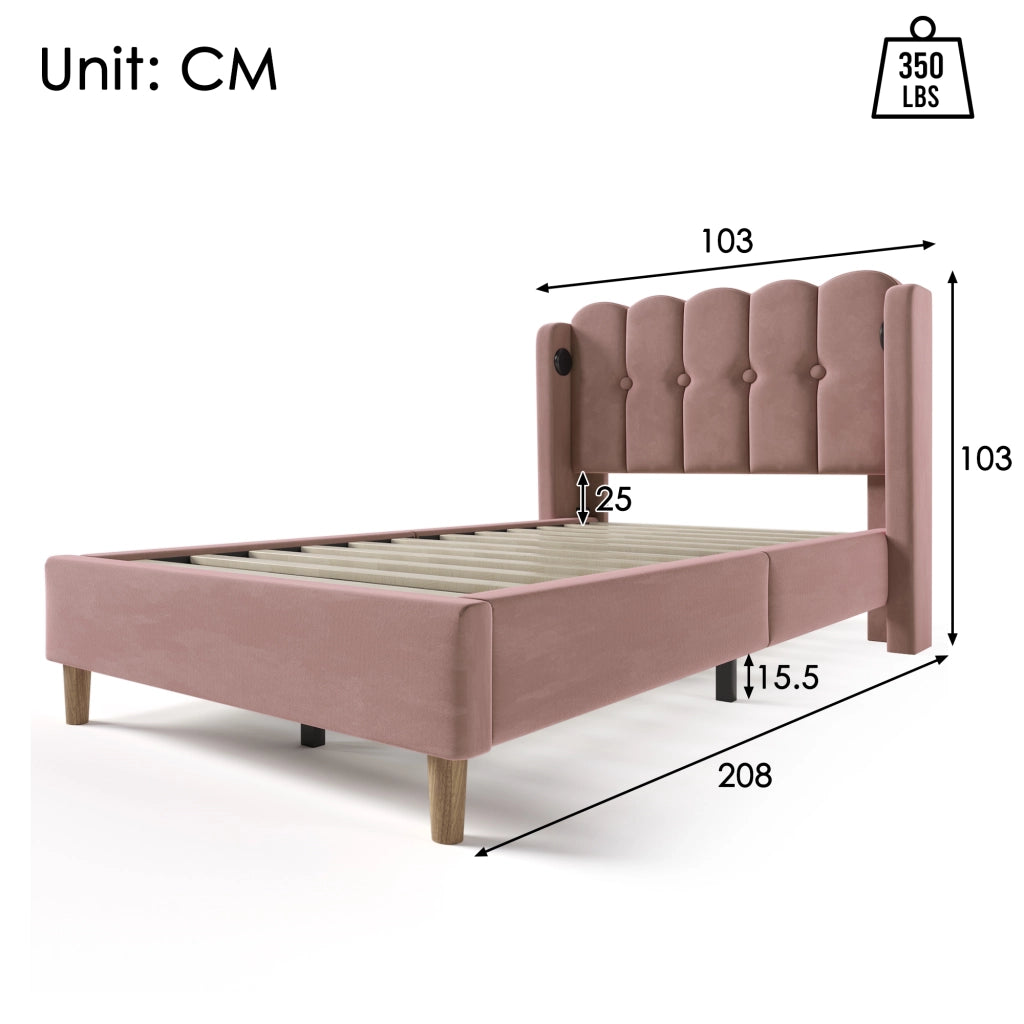 DESMIU Letto Singolo 90 × 200 cm con USB e Type-C, testiera imbottita, materasso incluso, velluto rosa