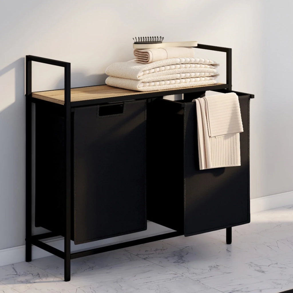 IDMarket - DETROIT Cesto para la ropa de 2 compartimentos en tejido negro, diseño industrial