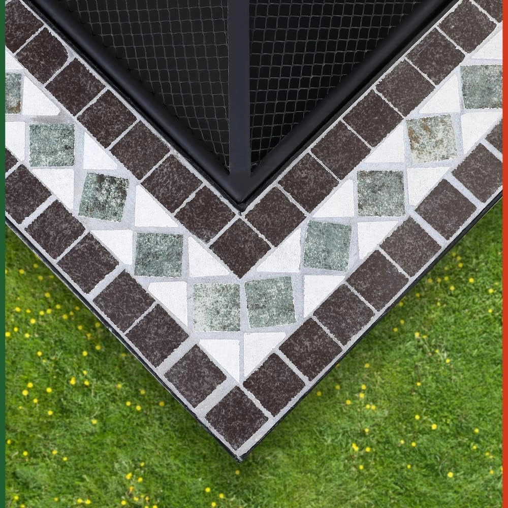 ® Braciere Quadrato da Esterno Mosaico in Acciaio 76x76cm Parascintille Camino da Giardino Stufa Caminetto Patio