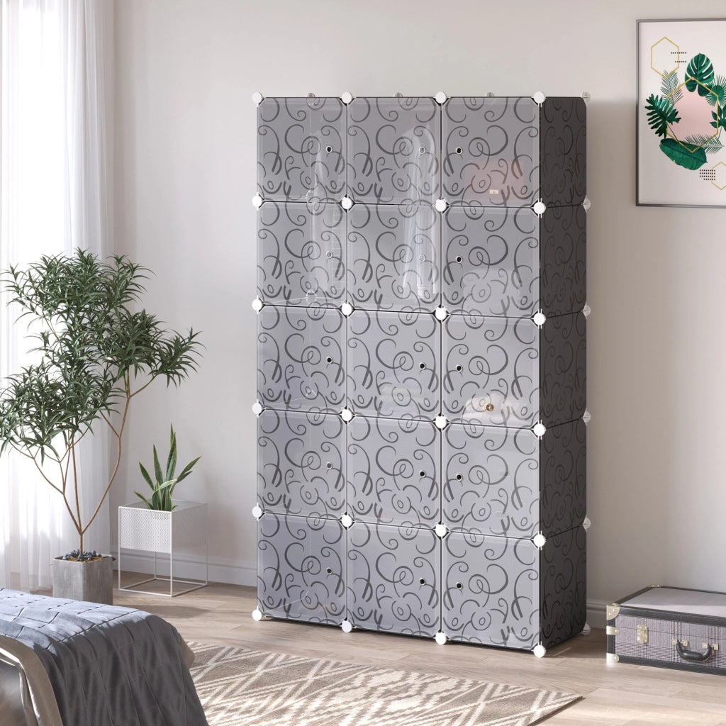 Armadio modulare con 11 cubi e 2 barre appendiabiti in plastica; nero; 111 x 47 x 183 cm