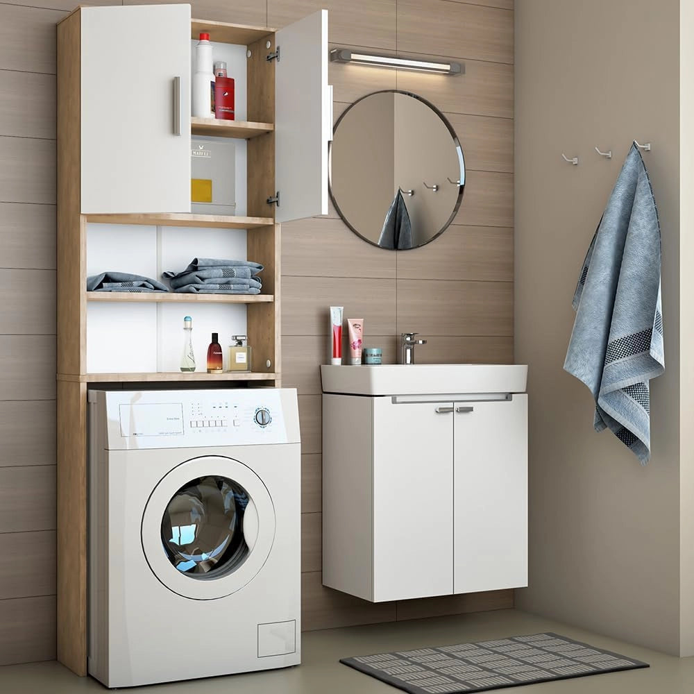 Mobile lavatrice, Bianco/Sonoma, 64 x 190 cm, adatto per la conservazione di detersivo e accessori