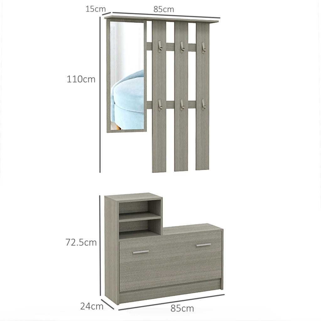 Set Mobili da Ingresso con Appendiabiti, Specchio, Panca con Scaffale e Scarpiera per 8 Paia di Scarpe, Grigio