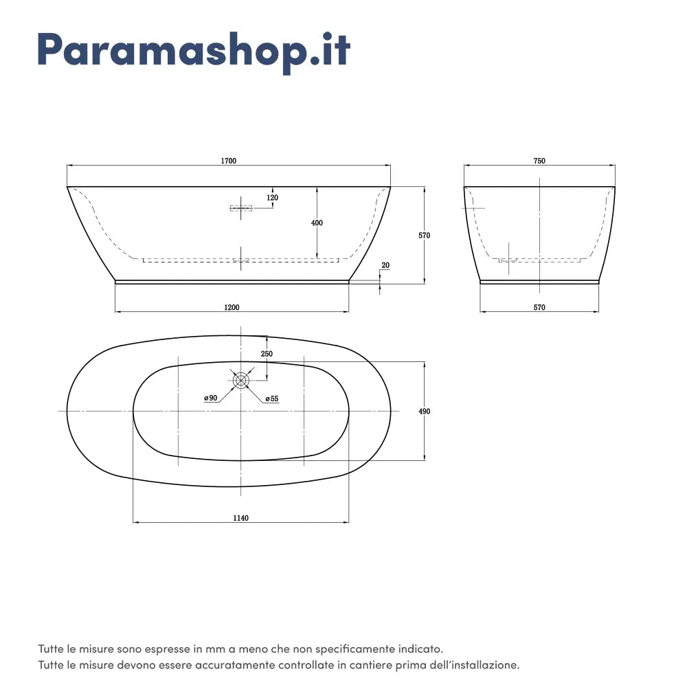 Vasca da bagno freestanding 170cm bianco lucido Mod. Margherita