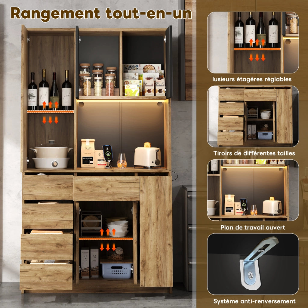 Credenza da cucina con ripiani regolabili; LED e prese - per cucina - in MDF - 185x105x40 cm - nero e naturale