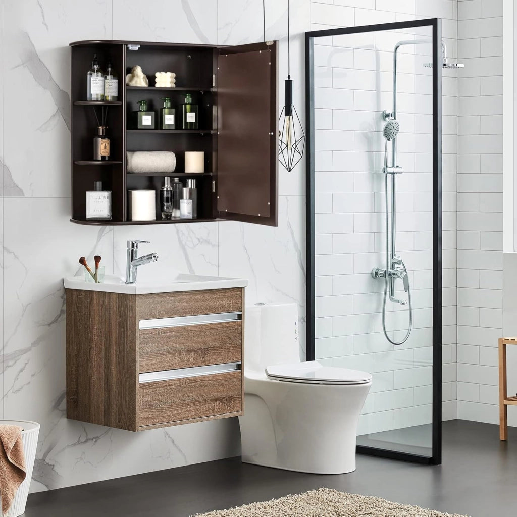 Armadietto Bagno a Parete, Mobiletto Pensile con Ante di Specchio, 6 Scomparti Laterali e 4 Ripiani di Stoccaggio, 3 Colori Disponibili, 65x17x64cm (Marrone)