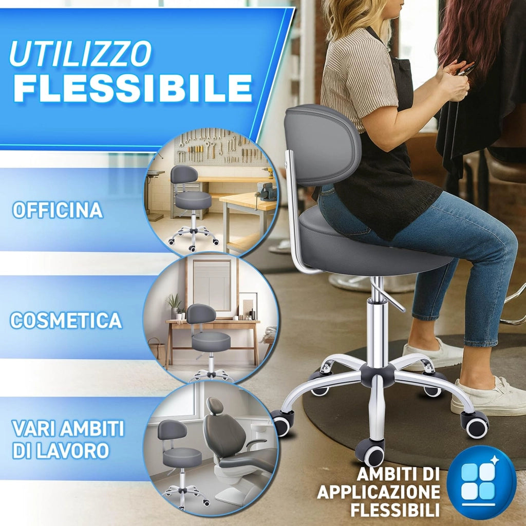 Sgabello Rotante Con Schienale Rosso Vino | Regolabile in Altezza 46-58 Cm | Girevole Con Rotelle | Sedia Da Ufficio Cosmetica (Grigio)