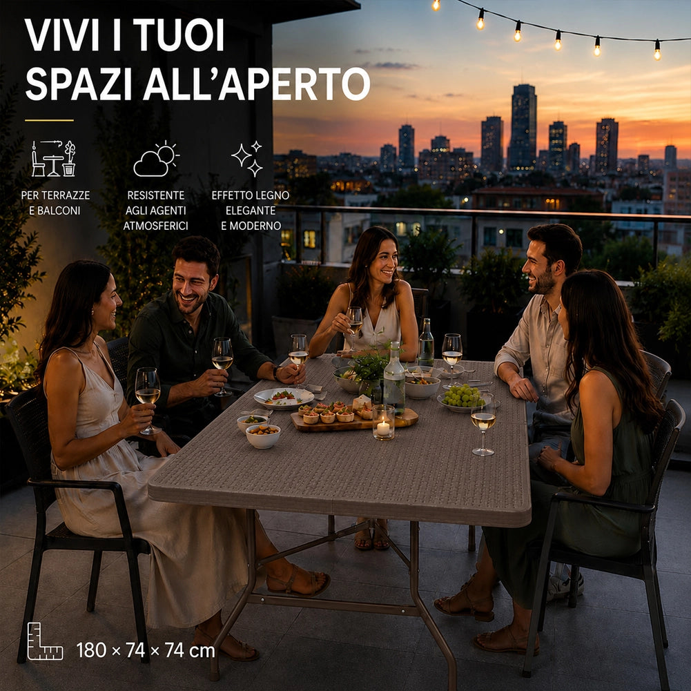 Tavolo Pieghevole Tortora Polyrattan Resistente Tavolino da Esterno 180x74x74cm