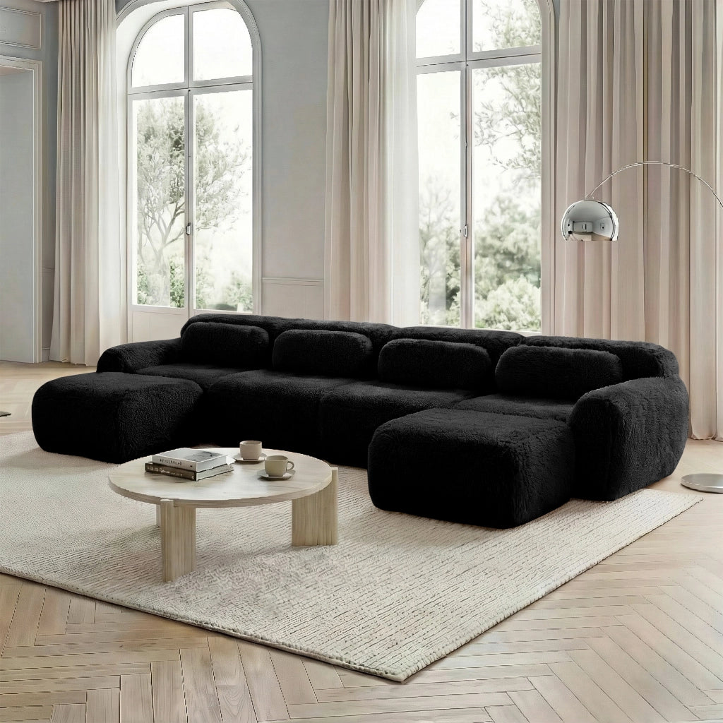 OKWISH Divano Modulare a U, senza Montaggio, Configurazione Libera con Cuscini e Base Antiscivolo, Peluche, Nero