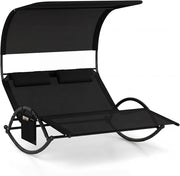 Poltrona a Dondolo Doppia, Lettino a Dondolo con Tettoia, Cuscini Poggiatesta, Braccioli e Struttura in Metallo, Lettino a Dondolo per Patio, Cortile, Bordo Piscina (Nero)