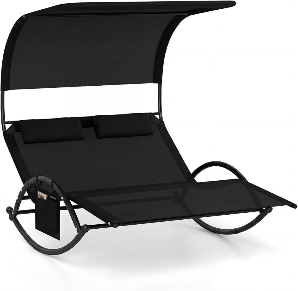 Poltrona a Dondolo Doppia, Lettino a Dondolo con Tettoia, Cuscini Poggiatesta, Braccioli e Struttura in Metallo, Lettino a Dondolo per Patio, Cortile, Bordo Piscina (Nero)