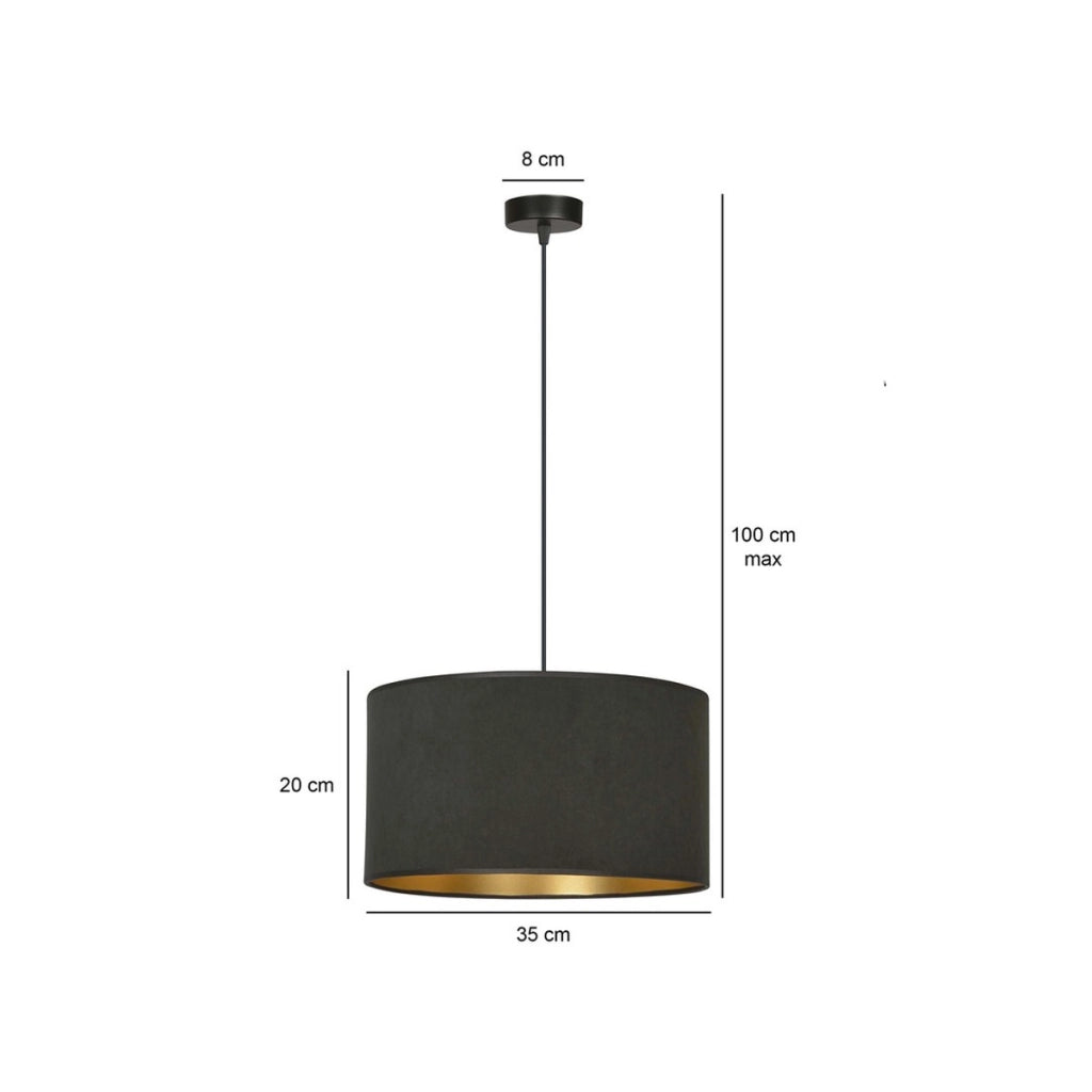 Lampada a sospensione Hilde con paralume in velluto nero e interno oro