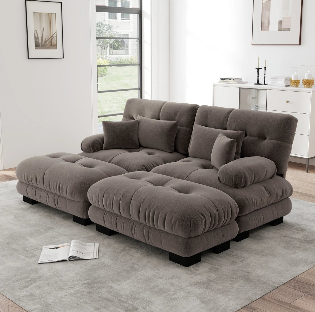 Divano angolare in chenille marrone con cuscini lombari e pouf mobili per soggiorno