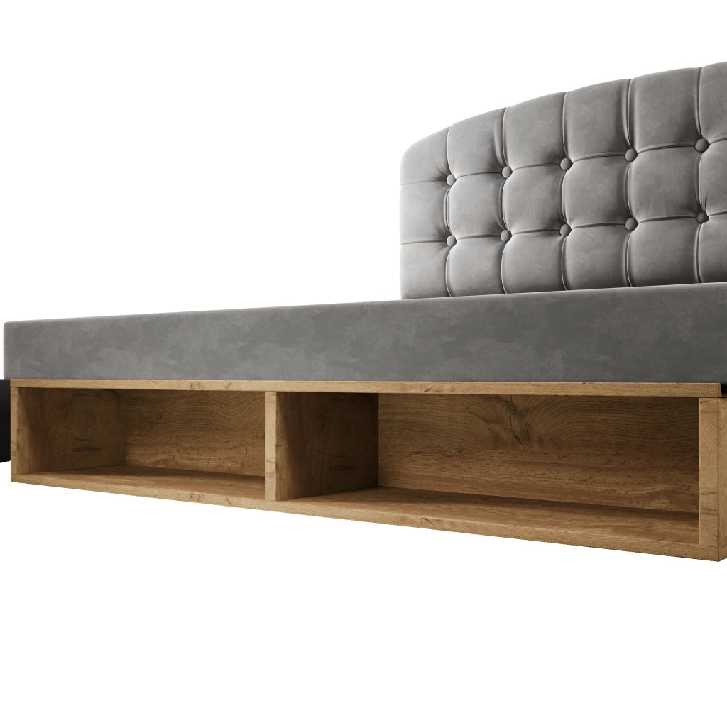 Letto imbottito 140x200 cm con testiera regolabile; cassetti e vani; velluto grigio