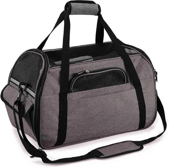 Carriera per cani e gatti, pieghevole, impermeabile, con cinturino, imbottita, per viaggiare in aereo, auto o treno, per animali domestici (grigio, L: 47 x 23 x 28 cm)