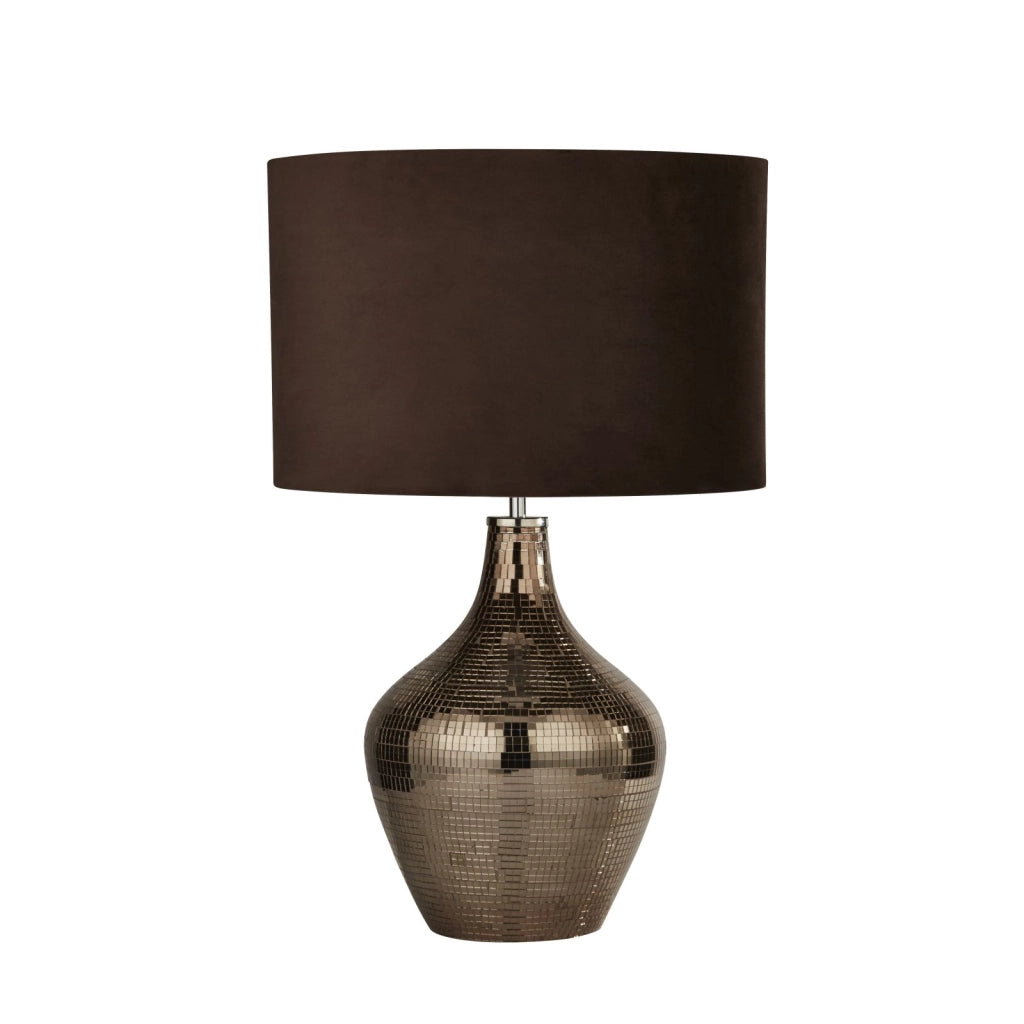 Lampada da tavolo Disco - Mosaico in ceramica e paralume in pelle scamosciata marrone