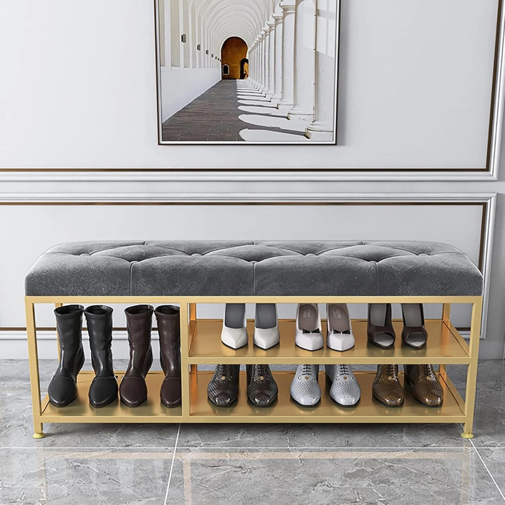 scarpiera Organizzatore di scarpe Panca da ingresso con base in metallo, sedile imbottito e portascarpe a 2 livelli - Scarpiera moderna con spazio per scarponi per soggiorno/camera da letto - 60x