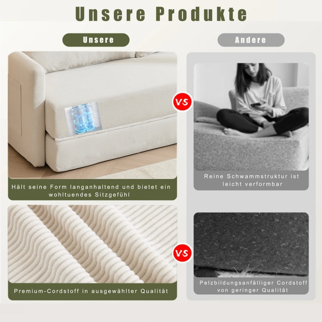 Divano letto 2 posti - con funzione pieghevole e tasche - in tessuto a coste beige