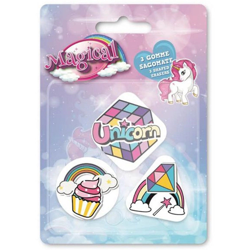 Trade Shop - Kit Gomme Per Cancellare 3pz Sagomate Tema Magico Unicorno Cancelleria Bambine Scuola 735768 -