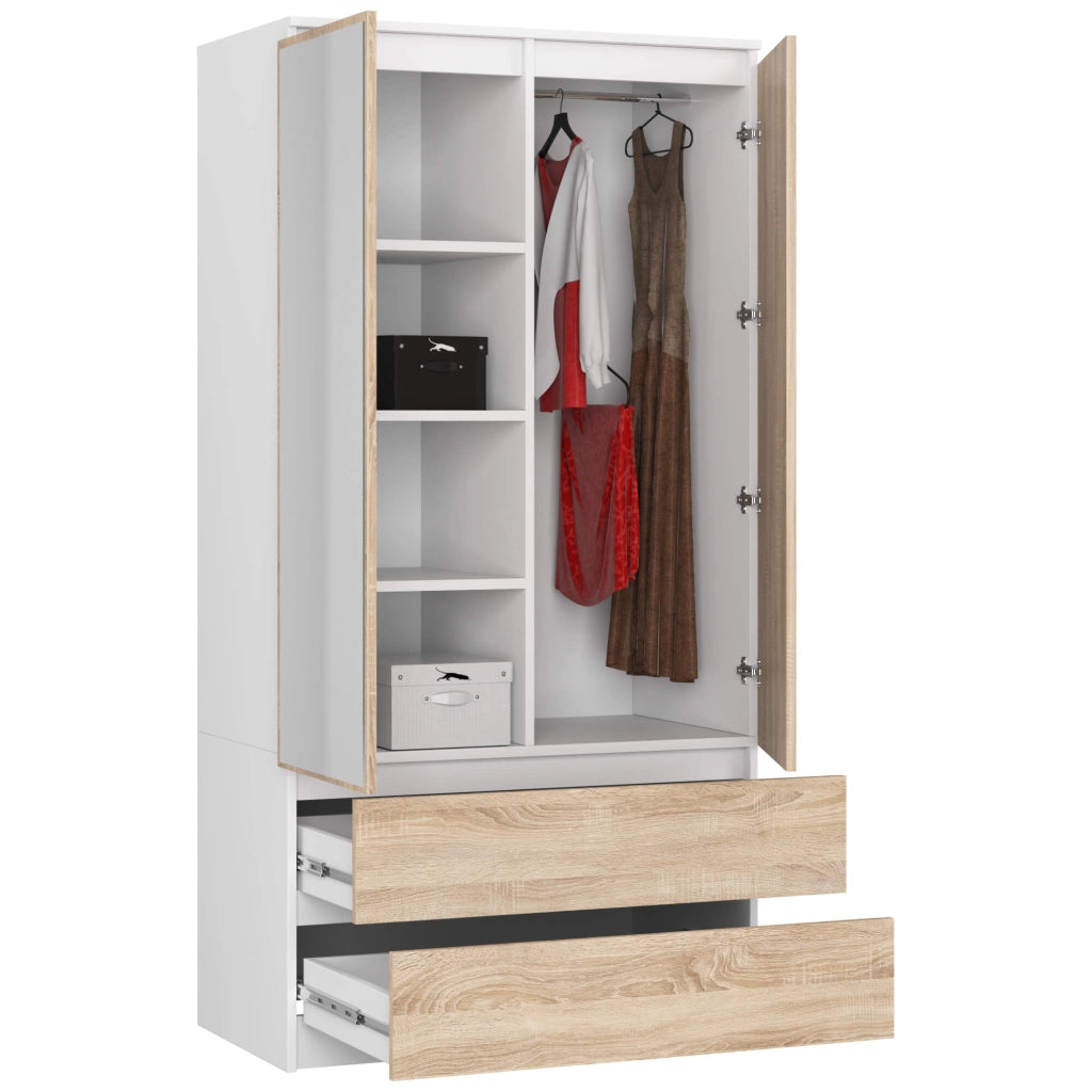 Armadio AKORD S90 Bianca 90 cm 2 ante 2 cassetti inserto frontale Sonoma Quercia 90x51x180 cm