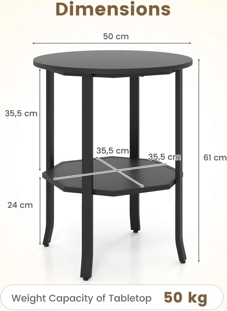 Tavolino Laterale Rotondo a 2 Livelli, Tavolino da Salotto Industriale con Ripiano di Stoccaggio, Struttura in Metallo, Comodino Moderno per Soggiorno e Ufficio, 50 x 50 x 61 cm (Nero)
