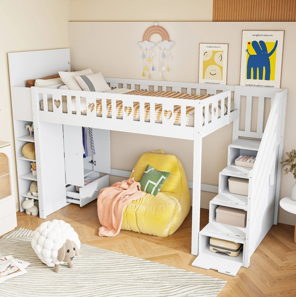 Letto a soppalco 90x200 cm con scala contenitore e ripiani