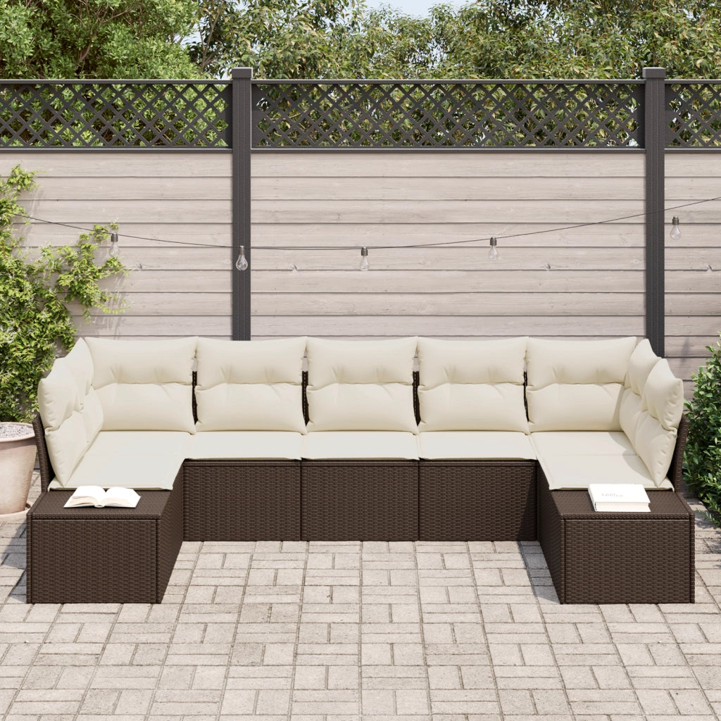 Set di divano da giardino di 7 pezzi con cuscini marrone in polyrattan