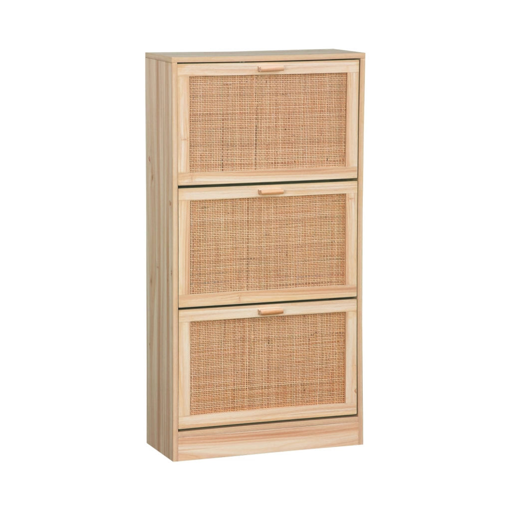 Scarpiera con decoro in canna e legno, 3 ante, marrone naturale
